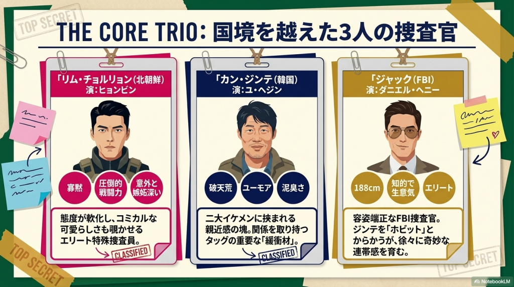 北朝鮮刑事チョルリョン（演：ヒョンビン）、韓国刑事ジンテ（演：ユ・ヘジン）、FBI捜査官ジャック（演：ダニエル・ヘニー）の3人のイラスト。チョルリョンには「寡黙・圧倒的戦闘力」、ジンテには「破天荒・ユーモア・泥臭さ」、ジャックには「知的でエリート・生意気」といったキャラクターの特徴が記載されている。