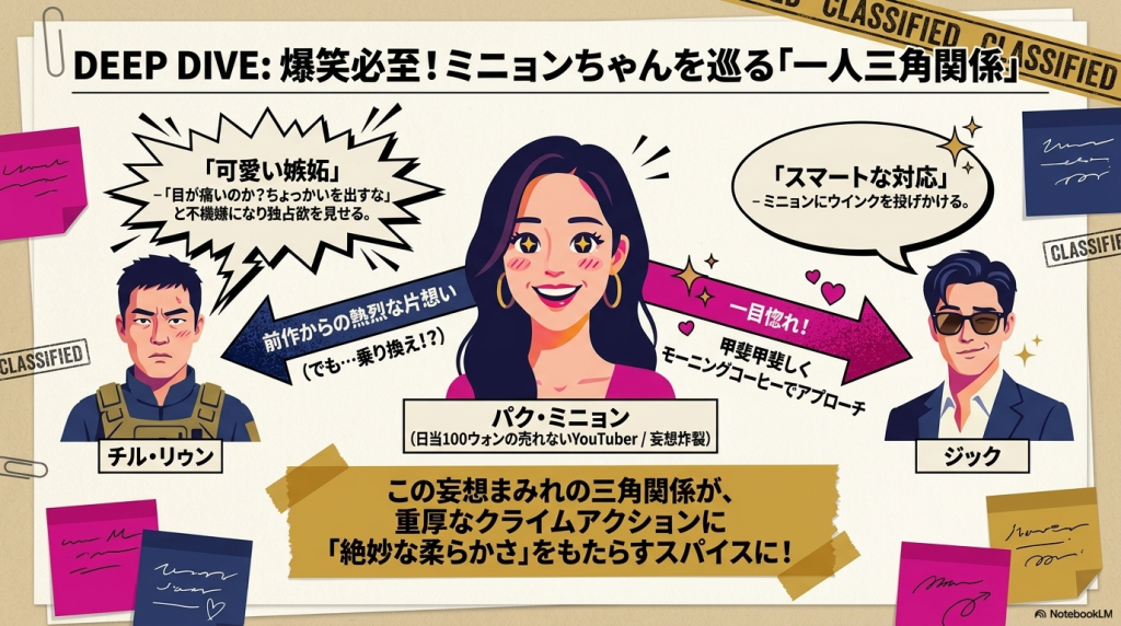 YouTuberパク・ミニョン、チョルリョン、ジャックの3人を結ぶコミカルな恋愛（妄想）相関図。ジャックのスマートなアプローチ（ウインク）にミニョンが一目惚れし、それに対してチョルリョンが不機嫌になって「可愛い嫉妬」を見せる構図が描かれている。