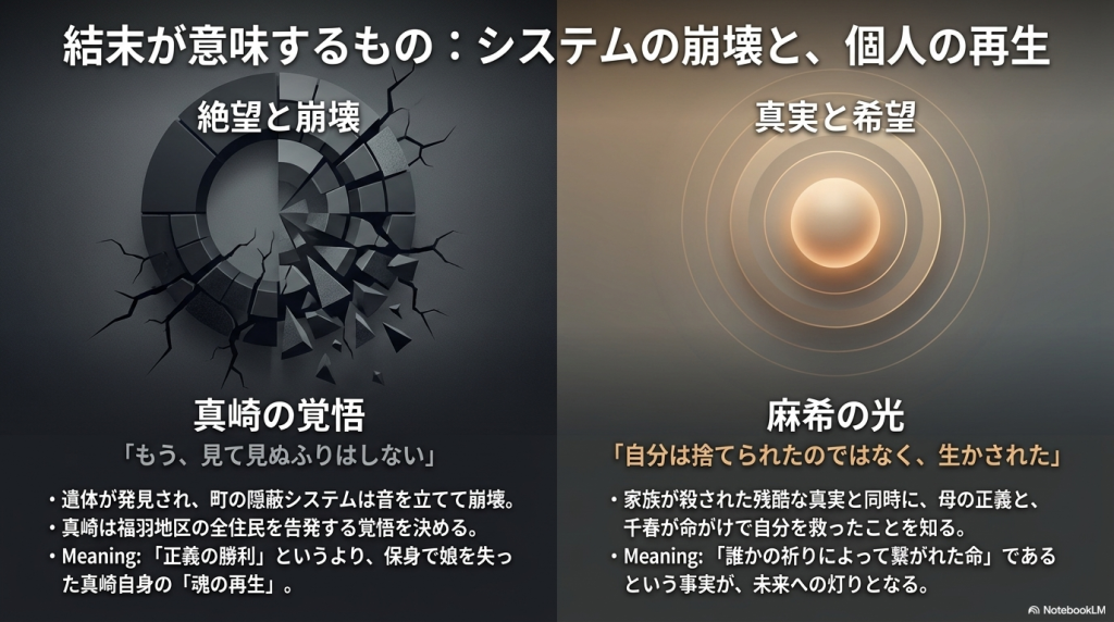 結末の意味を考察するスライド。システムの崩壊と同時に、真崎の「魂の再生」と、麻希の「未来への灯り」という、絶望の中にある希望の側面が解説されています。