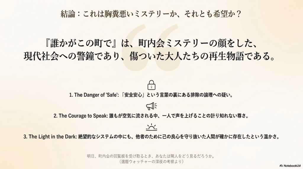記事の結論スライド。「安全安心の裏にある排除の論理への疑い」「一人で声を上げることの尊さ」「己の良心を守り抜いた人間の温かさ」という3つのメッセージがまとめられています。