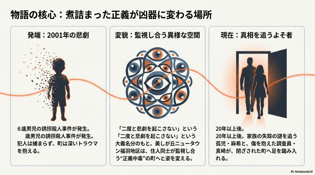 物語の核心を解説するスライド。2001年の誘拐殺人事件という「発端」、監視し合う空間への「変貌」、 tenderそして真相を追う麻希と真崎という「現在」の3つのステップが時系列でまとめられています。