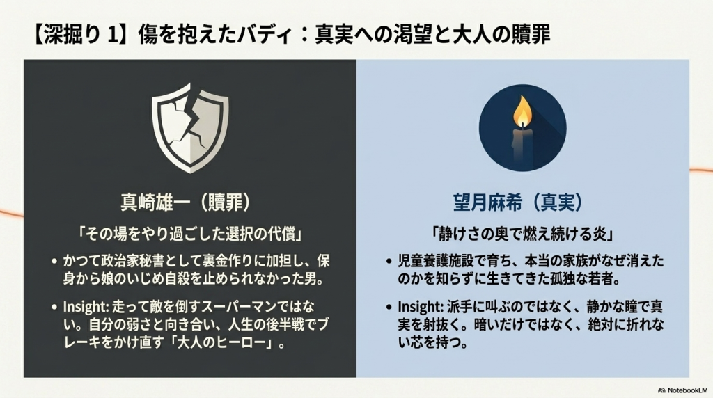 主要キャラクターの深掘りスライド。過去の保身を悔いる真崎雄一の「贖罪」と、孤独の中で折れない芯を持つ望月麻希の「真実への渇望」の2人のバックボーンが対比されています。