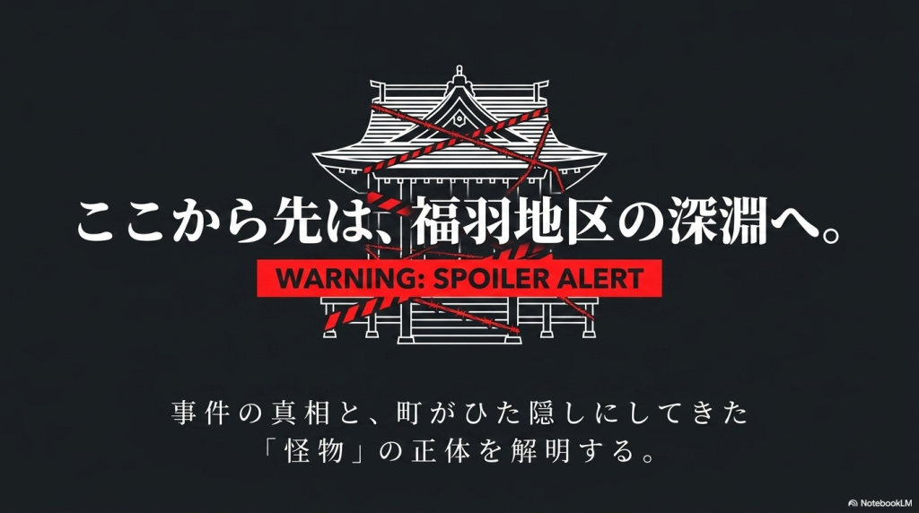 「ここから先は、福羽地区の深淵へ。WARNING: SPOILER ALERT」と書かれた、黒背景に赤の立ち入り禁止テープが貼られた祠（ほこら）のイラストのスライド。ネタバレの警告を促すデザインです。