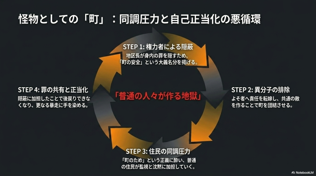 怪物としての「町」の仕組みを解説するスライド。「権力者による隠蔽」「異分子の排除」「住民の同調圧力」「罪の共有と正当化」の4つのステップが円状に循環し、普通の人々が地獄を作っていく悪循環を示しています。