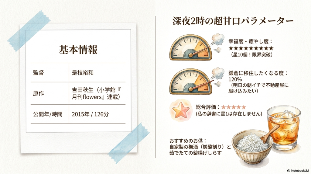 映画『海街diary』の基本情報と、幸福度や鎌倉移住したくなる度を示したメーター型の超甘口パラメータのスライド。