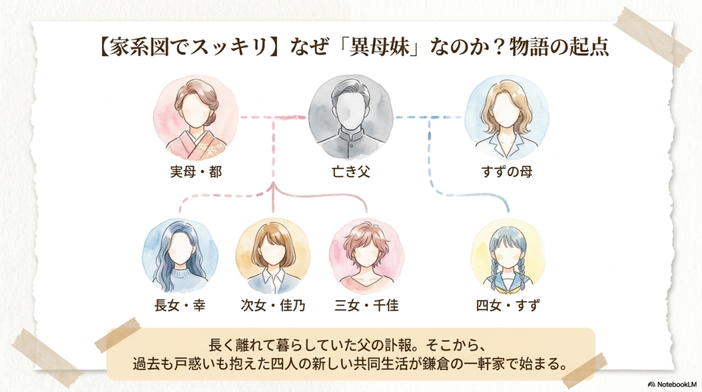 実母、亡き父、すずの母、そして四姉妹のつながりを表したシンプルな家系図のイラスト。