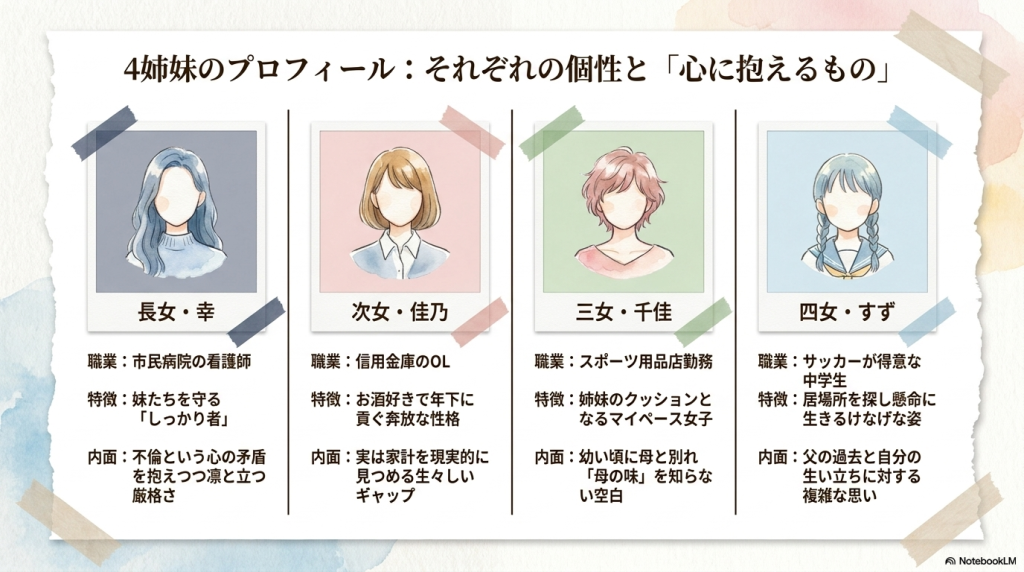 幸、佳乃、千佳、すずの4姉妹の職業や特徴、それぞれが心に抱えるものをまとめたプロフィールのスライド。