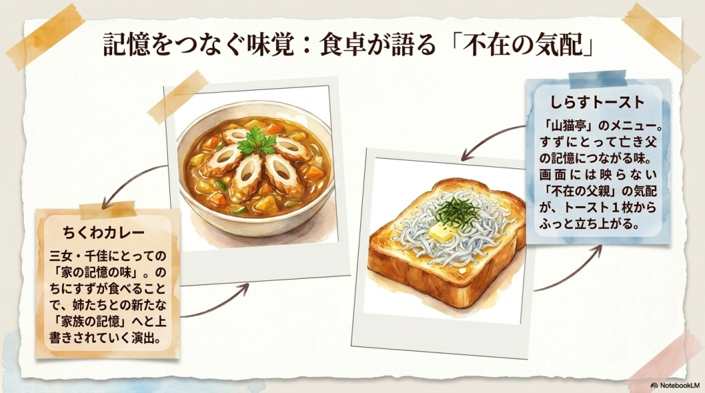 作中に登場する「ちくわカレー」と「しらすトースト」が持つ、家族の記憶や不在の父親の気配といった演出意図を解説したスライド。