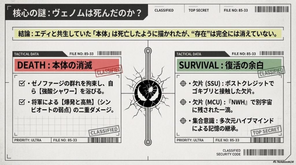 中央にヒビの入ったヴェノムのロゴマーク。「結論：エディと共生していた『本体』は死亡したように描かれたが、“存在”は完全には消えていない」というテキストと共に、左側に「DEATH:本物の消滅」、右側に「SURVIVAL:復活の余白」の根拠が箇条書きされている。