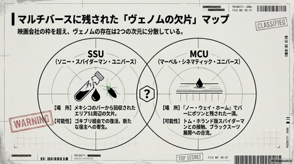 SSUとMCUの2つの次元に分散しているヴェノムの欠片のマップ。SSU側（エリア51周辺の欠片、ゴキブリ経由での復活可能性）と、MCU側（『ノー・ウェイ・ホーム』のバーに残された一滴、スパイダーマンとの接触可能性）が比較されている。