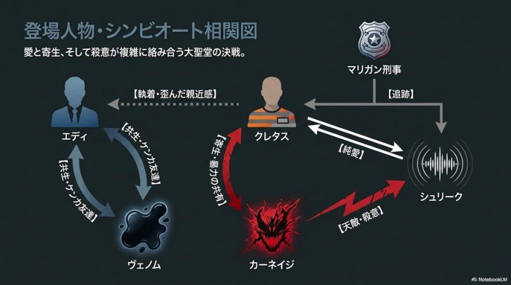 エディ＆ヴェノムとクレタス＆カーネイジの比較表。戦闘スタイル（重厚なプロレスラー型 vs 流動的な刃物型）、基礎スペック（低い vs 非常に高い）、宿主との関係（対等な同居の共生 vs 利己的な寄生）、最終局面（一つになる vs 分裂・自滅）の違いがまとめられている。