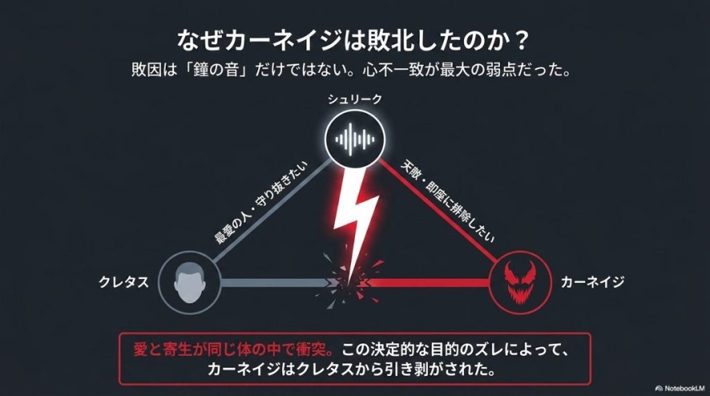 カーネイジの敗因を解説する三角関係の図解。シュリークを巡り、クレタスにとっては「最愛の人・守り抜きたい」、カーネイジにとっては「天敵・即座に排除したい」という目的のズレが発生し、愛と寄生が同じ体の中で衝突して引き剥がされたプロセスが描かれている。