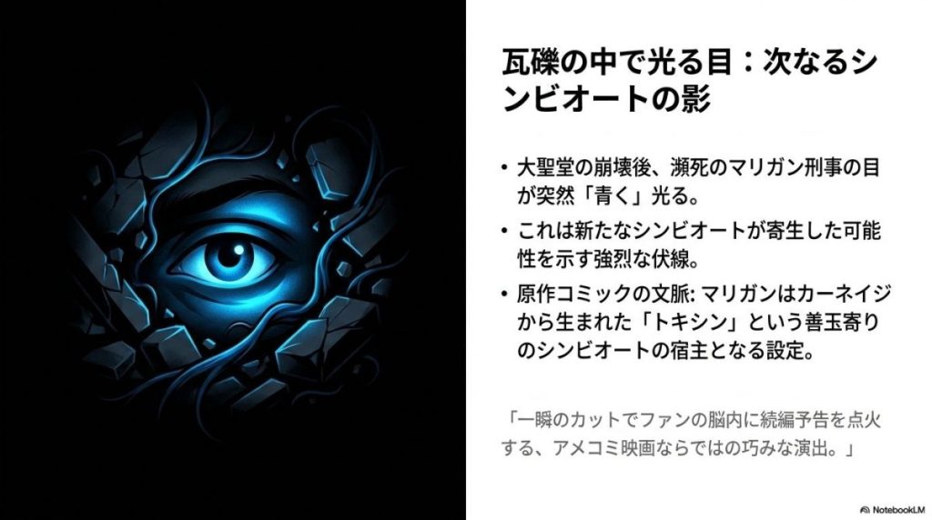 瓦礫の隙間から青く光る目のイラスト。大聖堂の崩壊後にマリガン刑事の目が青く光った描写について、原作コミックでカーネイジから生まれた善玉寄りのシンビオート「トキシン」の宿主になる設定であることを解説している。