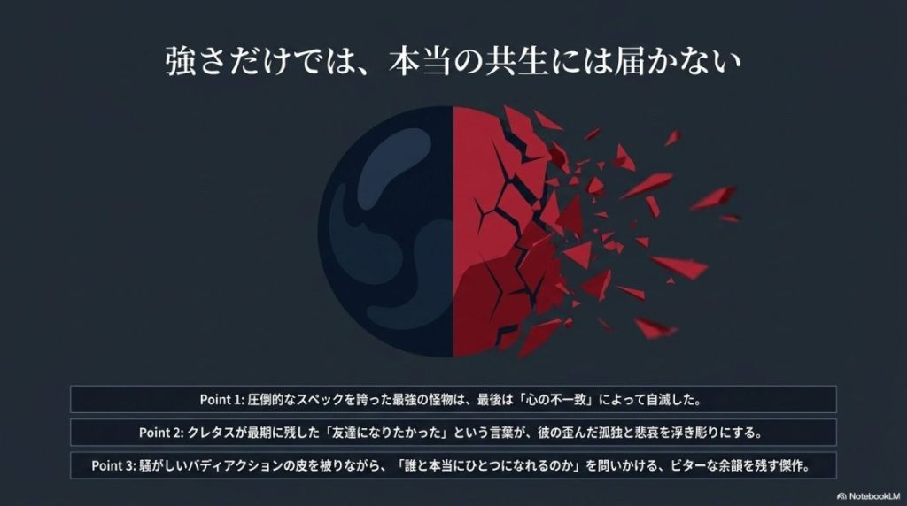 映画のまとめスライド。Point 1：最強の怪物が「心の不一致」で自滅した点、Point 2：クレタスの最期の言葉が歪んだ孤独を浮き彫りにする点、Point 3：「誰と本当にひとつになれるのか」を問いかけるビターな余韻を残す傑作である点の3つのポイントが挙げられている。