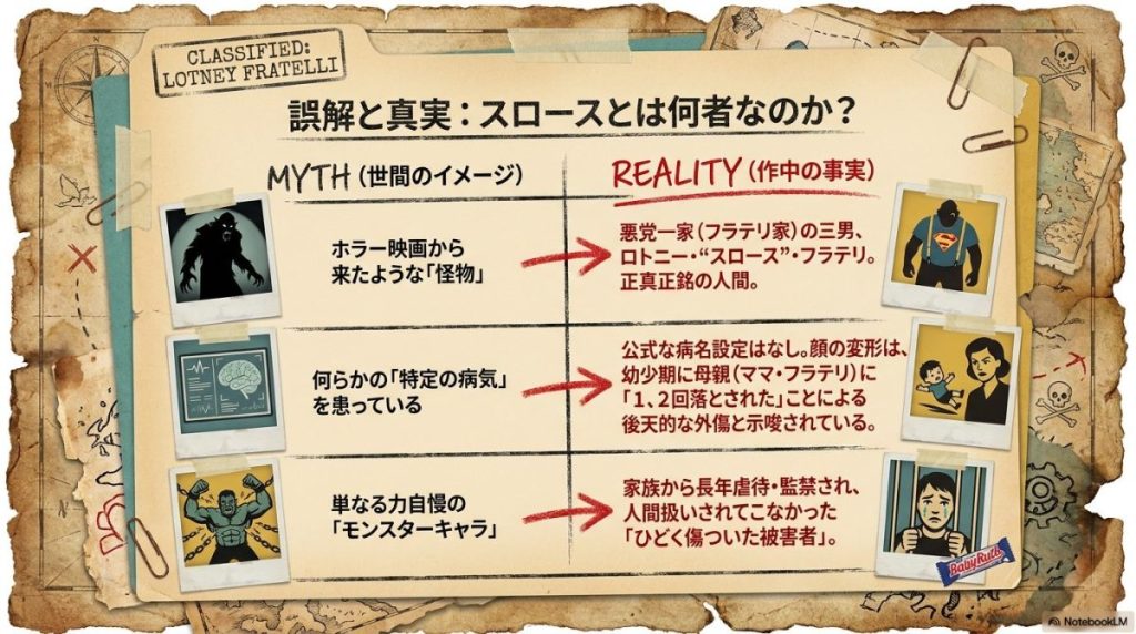 スロースに関する世間のイメージ(誤解)と作中の事実(真実)を比較した表。「怪物ではなくフラテリ家の三男という人間であること」「公式な病名設定はなく後天的な外傷であること」「虐待・監禁された被害者であること」がまとめられています。