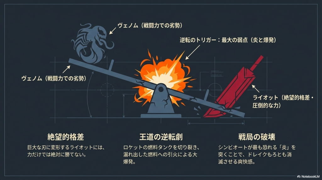 ロケットと発射台を背景に、戦闘力で劣勢なヴェノムと、絶望的格差を持つ圧倒的な力のライオットの対峙をワイヤーフレーム風に描いた図解。中央では「逆転のトリガー:最大の弱点(炎と爆発)」として、ロケットの燃料タンク切り裂きによる大爆発でライオットを消滅させる王道の逆転劇と戦局の破壊が解説されています。