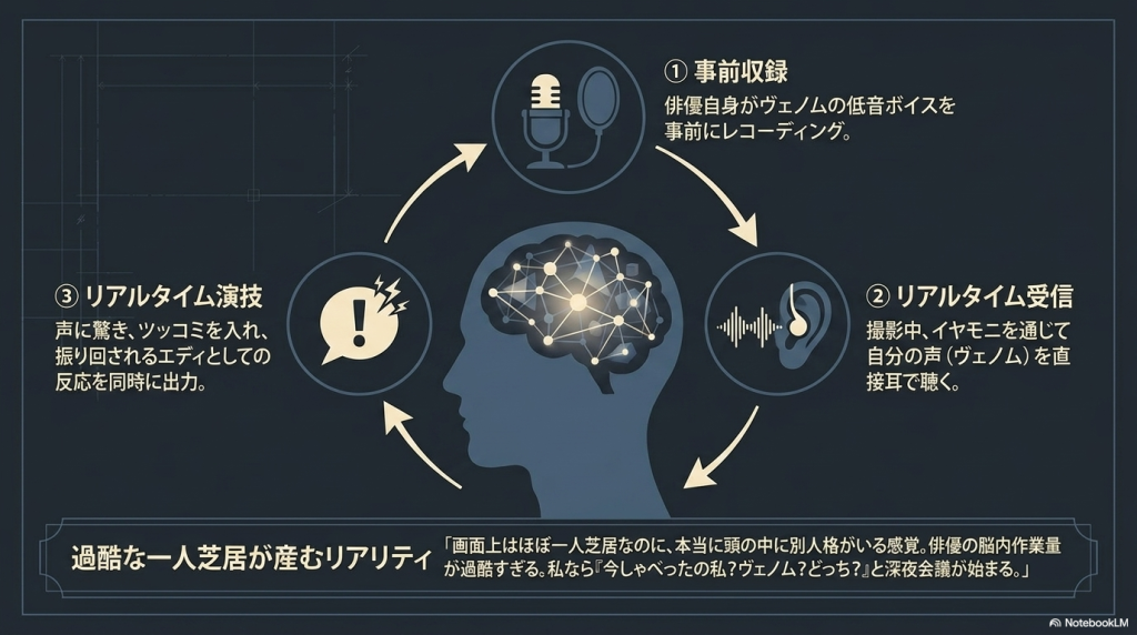 人間の横顔と脳のイラストを中心に、マイクやイヤモニ、ひらめきアイコンを交えた3ステップの循環図。①事前収録(俳優自身の声をレコーディング)、②リアルタイム受信(撮影中にイヤモニで聴く)、③リアルタイム演技(ツッコミを入れ振り回される反応を出力)が矢印で繋がれており、過酷な一人芝居が産むリアリティについてユーモラスに解説されています。
